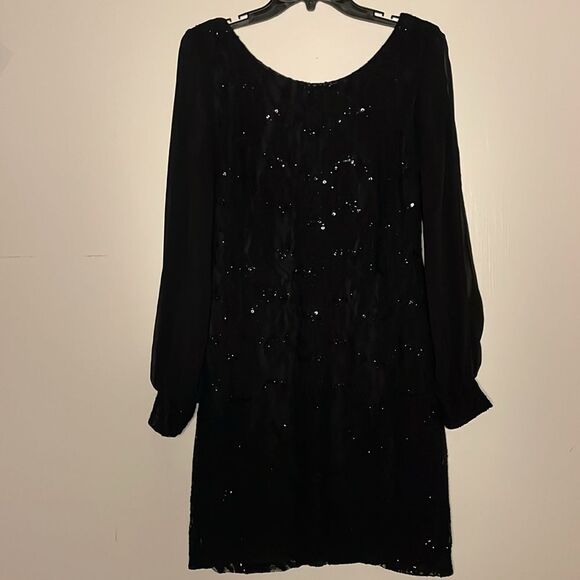 Scarlett- Black Lace Sequined Long Mesh Open Sleeve Cuffed Mini Dress- Size 8 - Picture 1 of 10